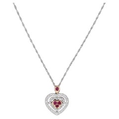 0.44ctw Ruby Diamond Halo Heart Pendant Necklace 18k White Rose Gold 18"