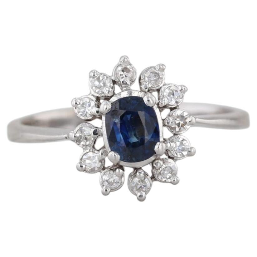 0.62ctw Blue Sapphire Diamond Halo Ring 14k White Gold Size 6.5 Engagement