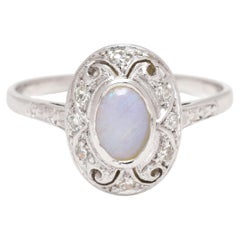 1960s Opal and Diamond Cocktail Ring, 14k White Gold, Ring Size 5.5