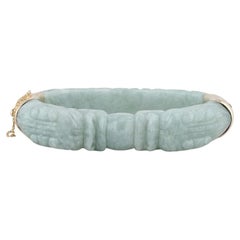 Carved Jade Dragon Bangle Bracelet 14k Gold Green Jadeite 7" Asian Statement