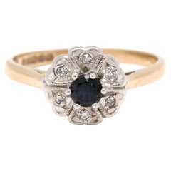 0.23ctw Sapphire & Diamond Flower Ring, 9k Yellow & White Gold, Ring Size 6