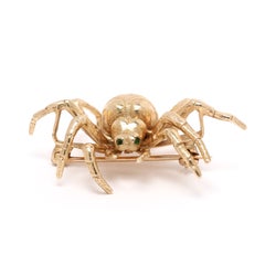 Heavy Spider Brooch With Emerald Eyes, 14k Yellow Gold, Width 1 in