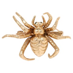 Heavy Spider Brooch With Emerald Eyes, 14k Yellow Gold, Width 1 in