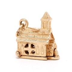 Vintage Chapel Charm with Bride and Groom, 14k Yellow Gold, Length .5 in