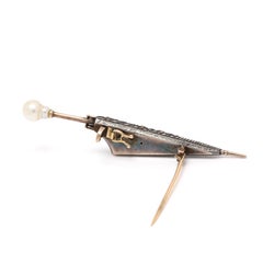 Antique Diamond and Pearl Umbrella Brooch, 16k Yellow Gold and Sterling Silver