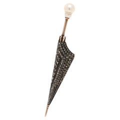 Antique Diamond and Pearl Umbrella Brooch, 16k Yellow Gold and Sterling Silver