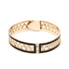 Leaf Motif & Enamel Hinged Bangle Bracelet, 14k Yellow Gold, Length 6.5 in