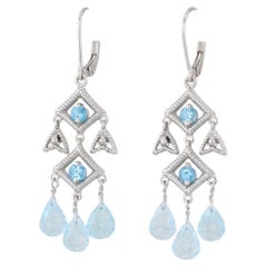 Blue Topaz Briolette Dangle Earrings 14k White Gold Chandelier Drops