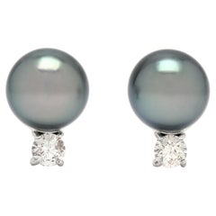 0.35ctw Tahitian Pearl & Diamond Stud Earrings, 14k White Gold, Length .5 In.
