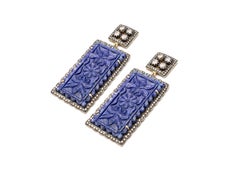 Carved Lapis Diamond and Sterling Silver Drop Earrings