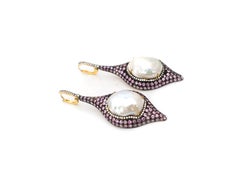 Diamond Pink Sapphire and Tahitian Pearl Silver Drop Earrings