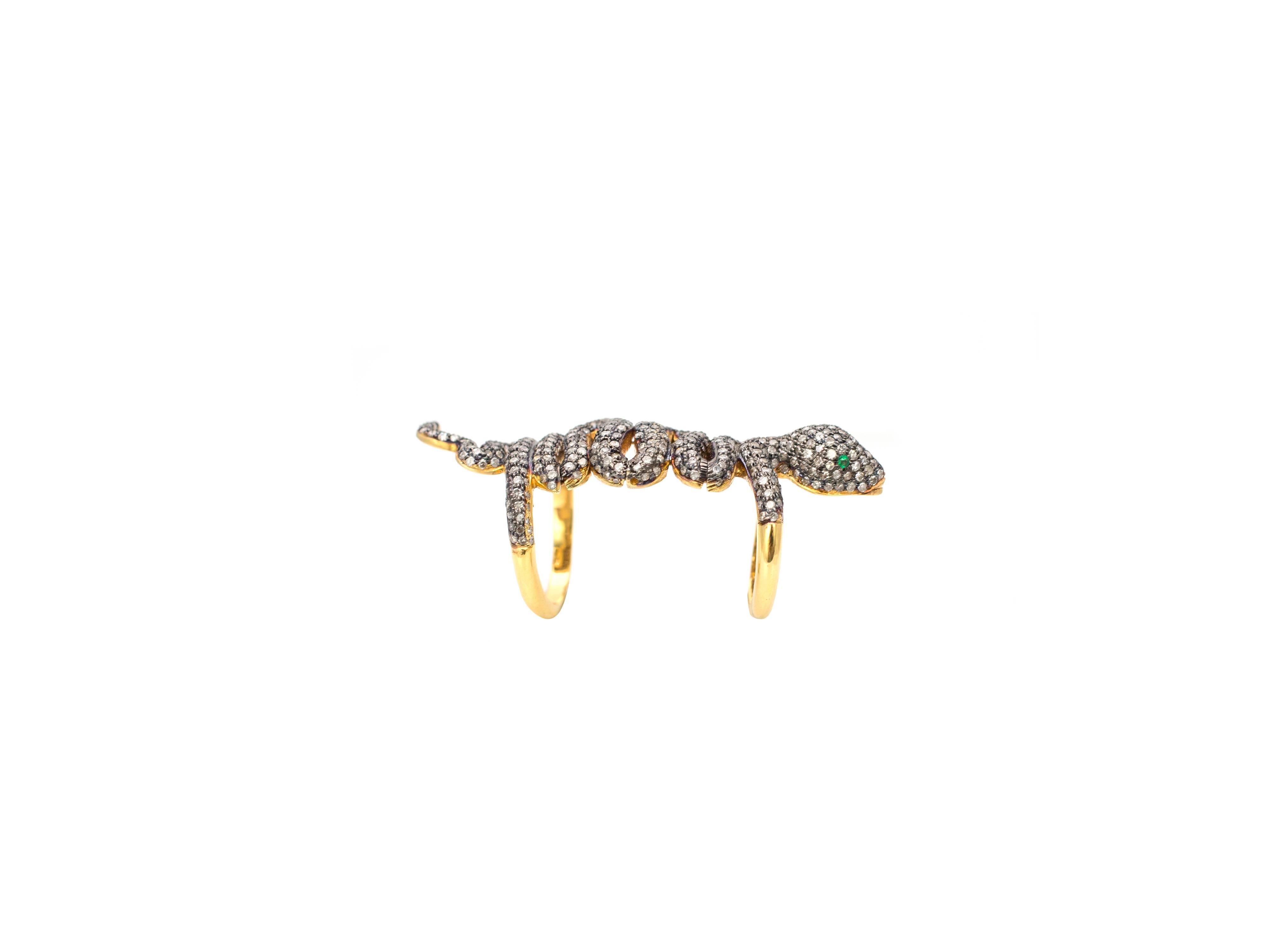 Contemporary Snake Champagne Diamond and Gilt Silver Full Finger Ring For Sale