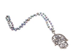 Hamsa Diamond Sapphire and Freshwater Pearl Sterling Silver Pendant Necklace