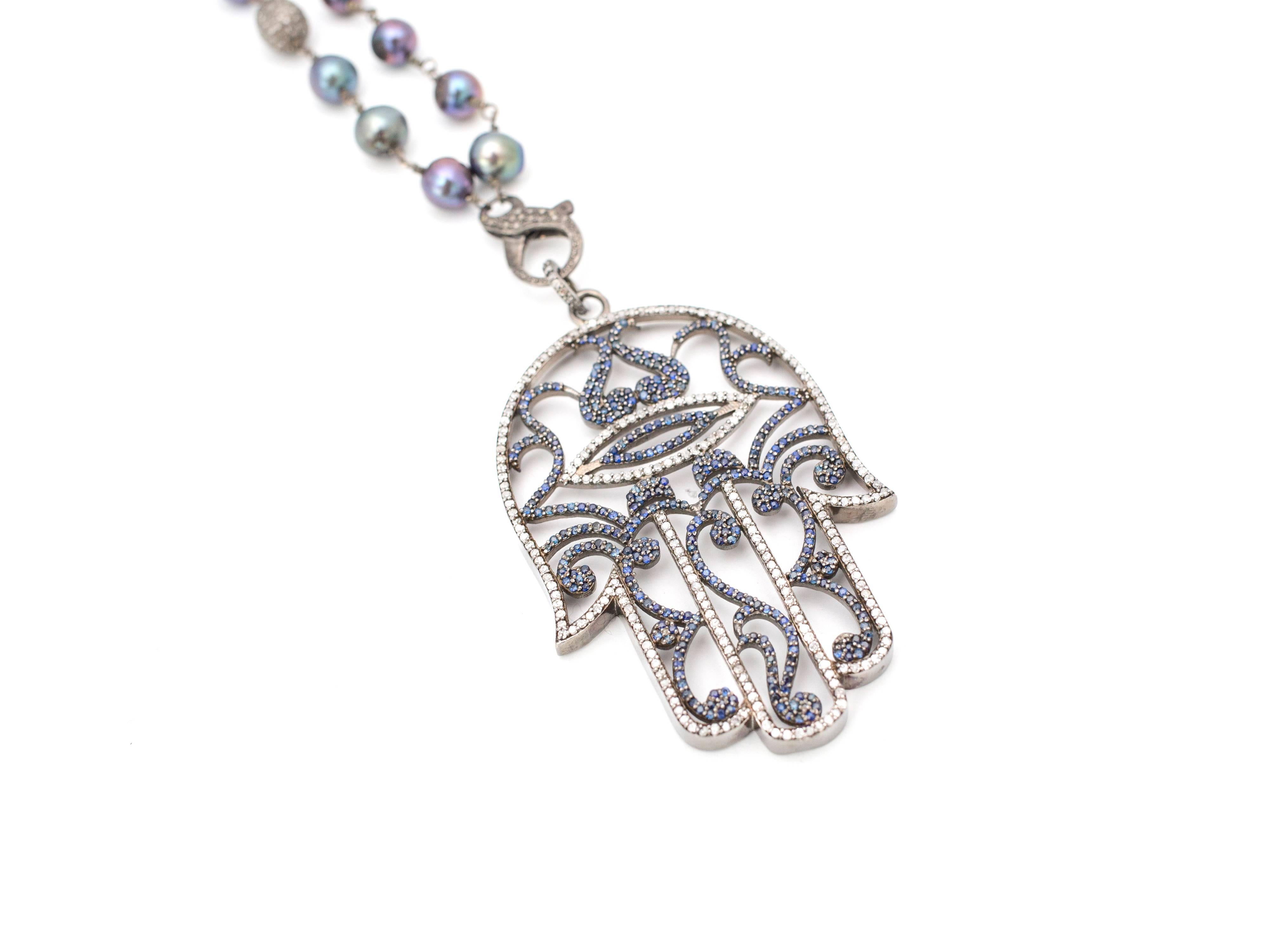 Contemporary Hamsa Diamond Sapphire and Freshwater Pearl Sterling Silver Pendant Necklace For Sale