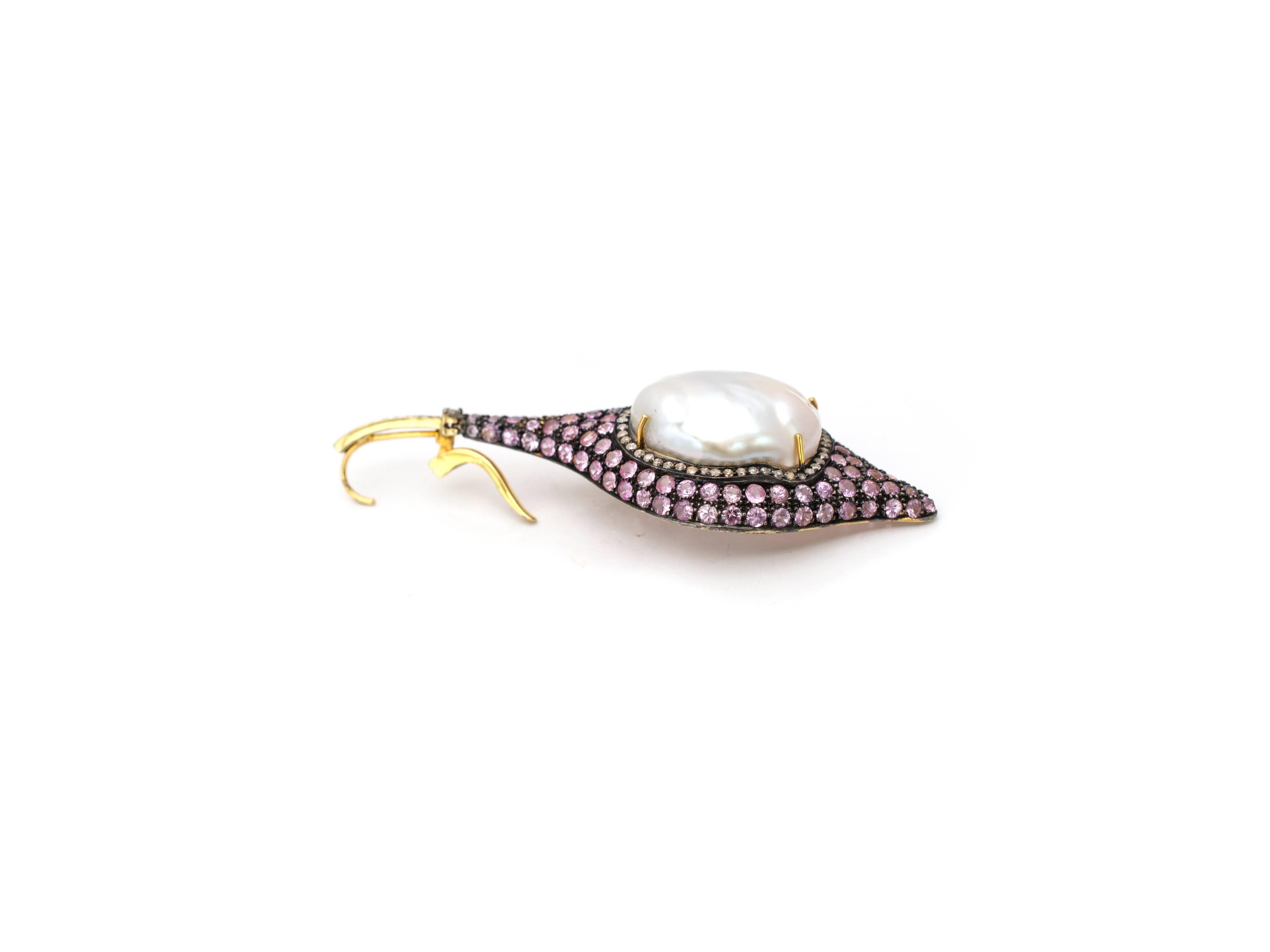 Contemporary Diamond Pink Sapphire and Tahitian Pearl Silver Drop Earrings For Sale