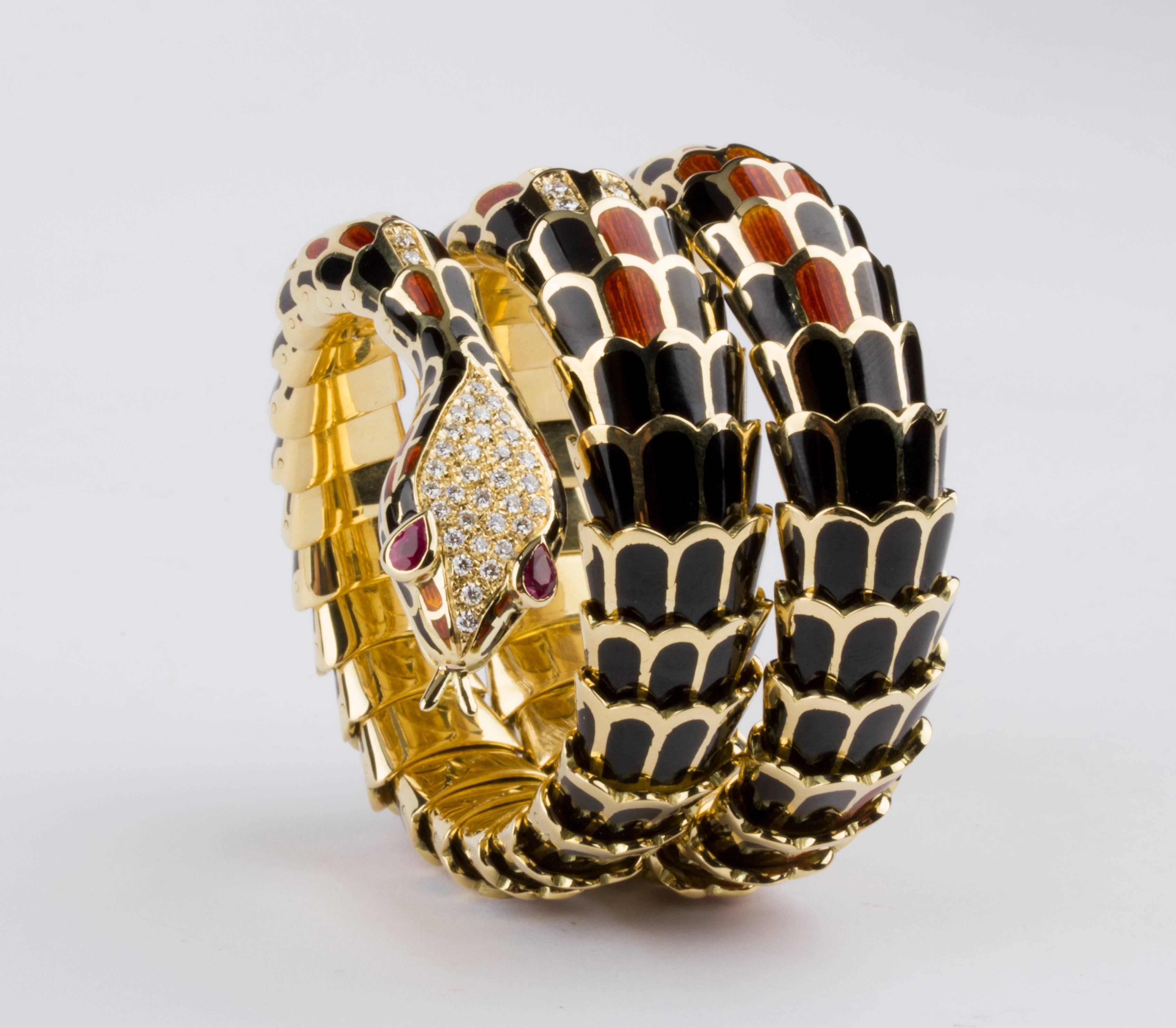 Women's Diamond Ruby Enamel Gold Serpenti Bracelet For Sale