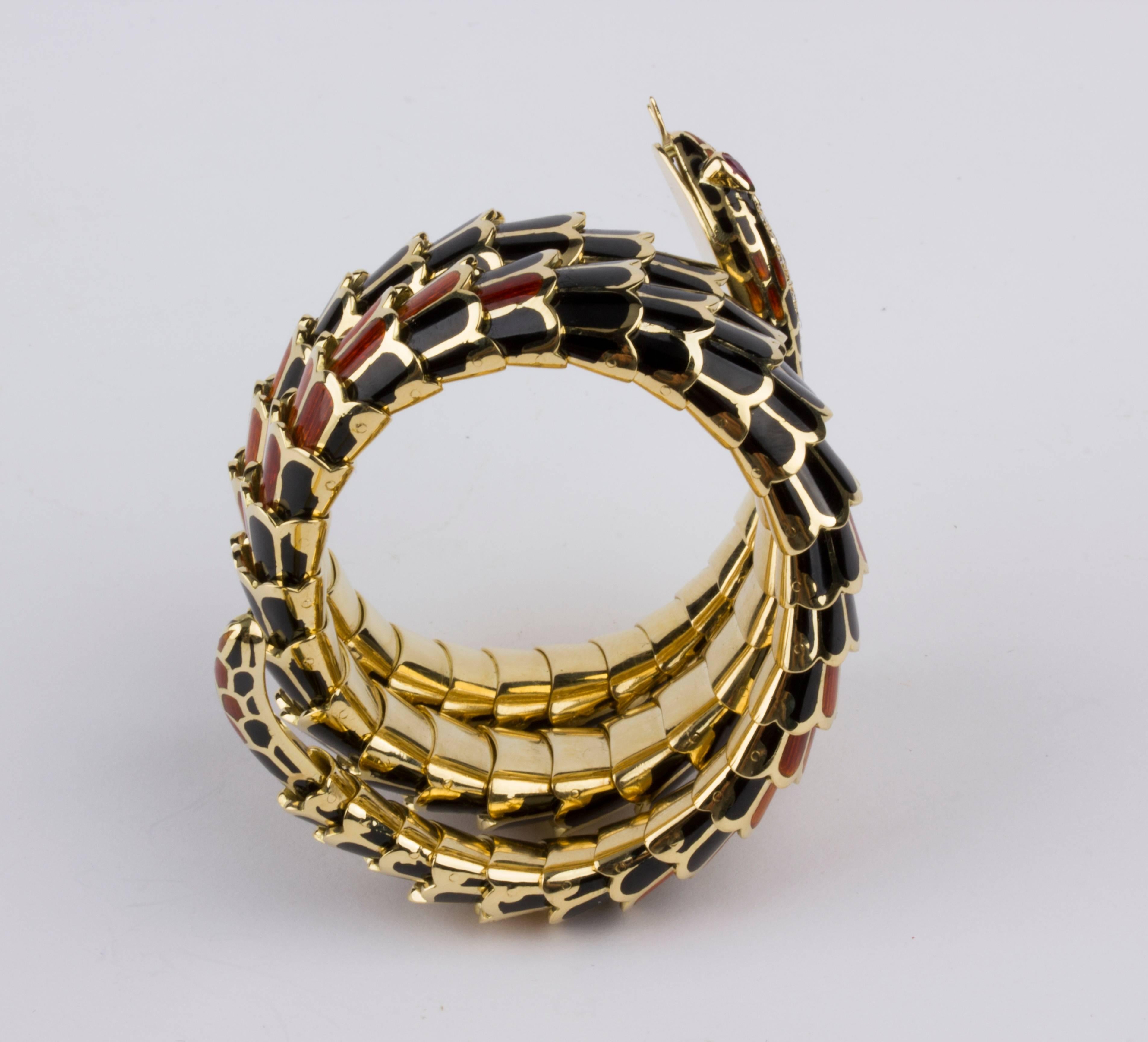 Diamond Ruby Enamel Gold Serpenti Bracelet For Sale 1