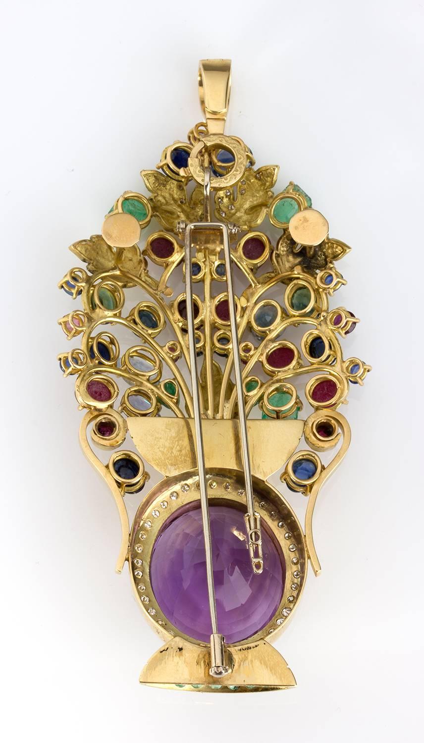 Amethyst Sapphire Emerald Ruby Diamond Brooch-Pendant In Good Condition For Sale In Rome, IT