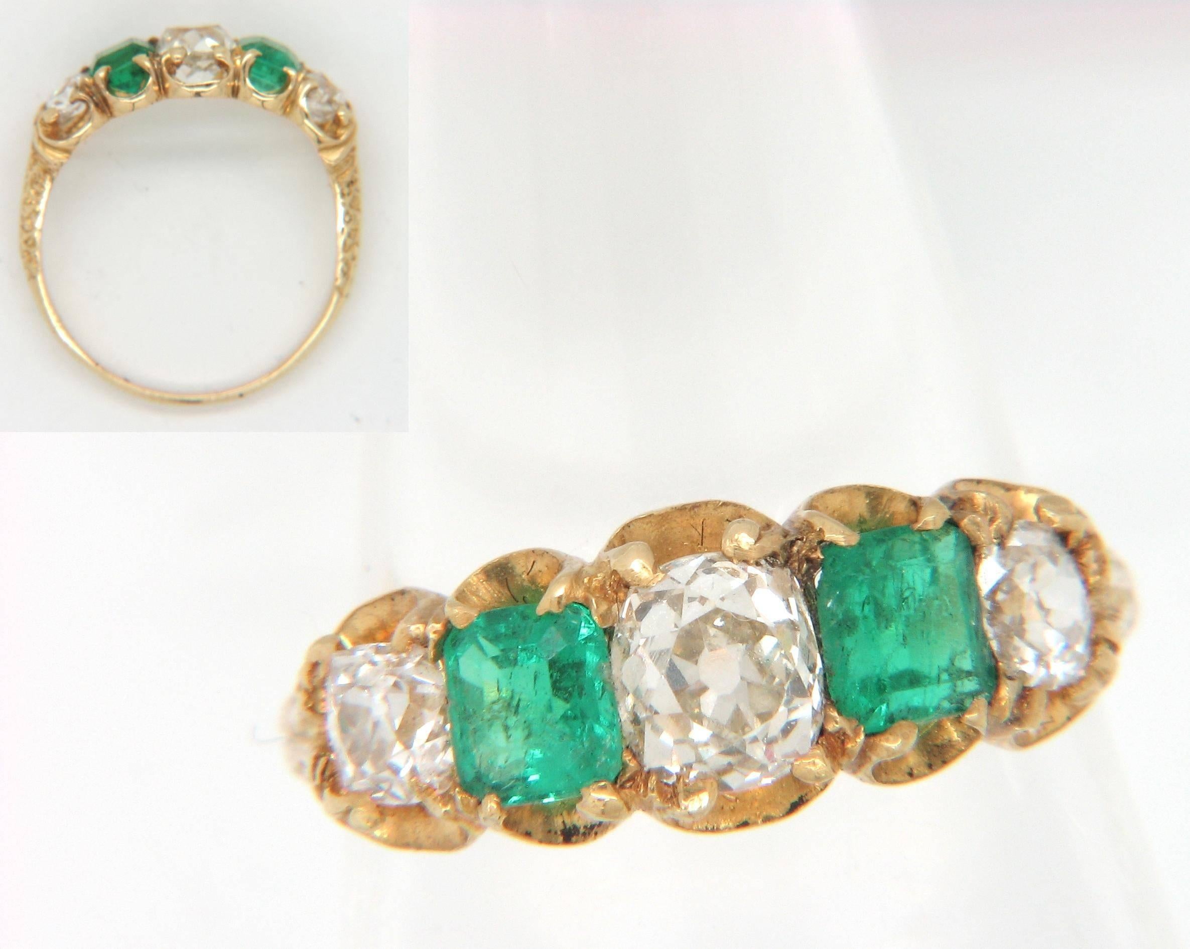 Women's or Men's Circa 1890 18 Carat Gold Emerald Diamond Antique Victorian Engagement Ring For Sale