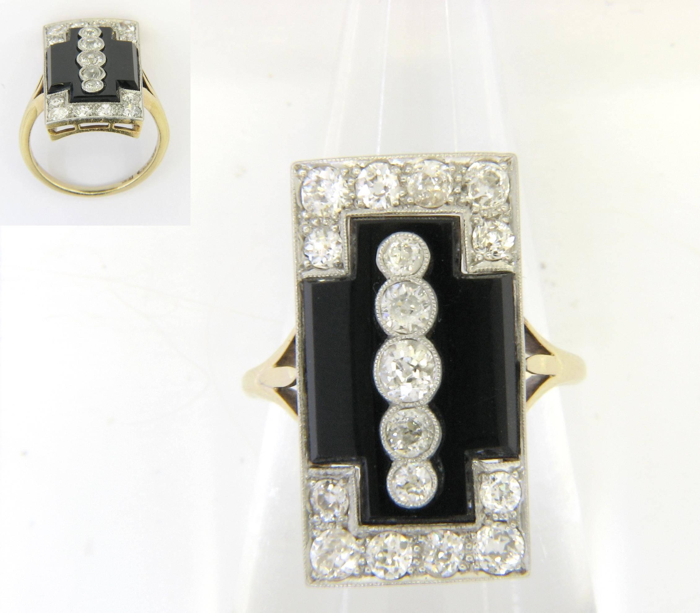 Stunning Art Deco Onyx and Diamond Ring in 18ct Gold and Platinum set with 5 graduated old european cut diamonds of 0.05ct, 0.08ct, 0.15ct, 0.10ct, 0.04ct and 6 old cut diamonds on each end estimated 12=0.90ct colour H-I, clarity SI-I1. Total