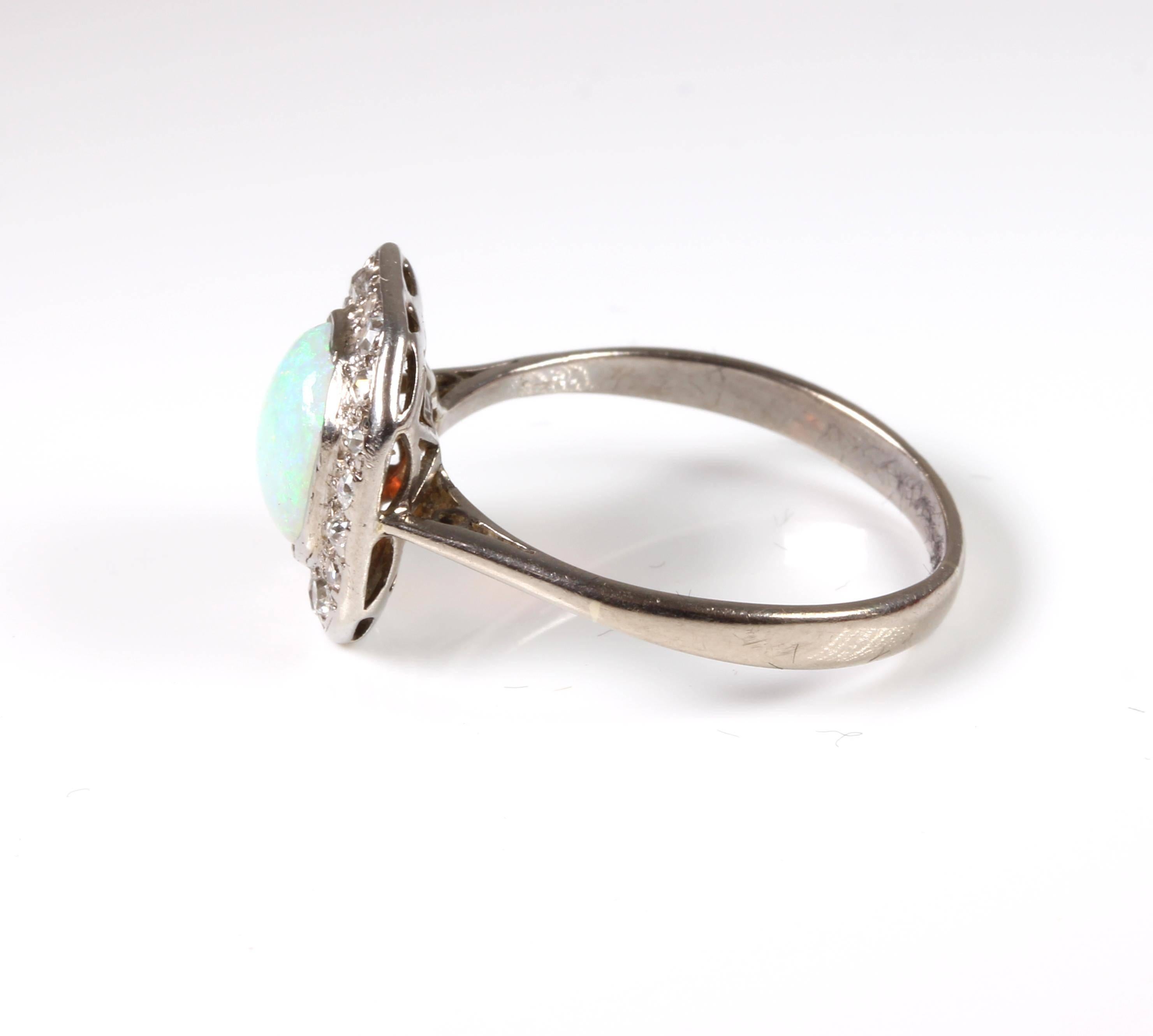 18 Carat White Gold Art Deco Opal Diamond Halo Dress Ring In Excellent Condition For Sale In Perth, AU