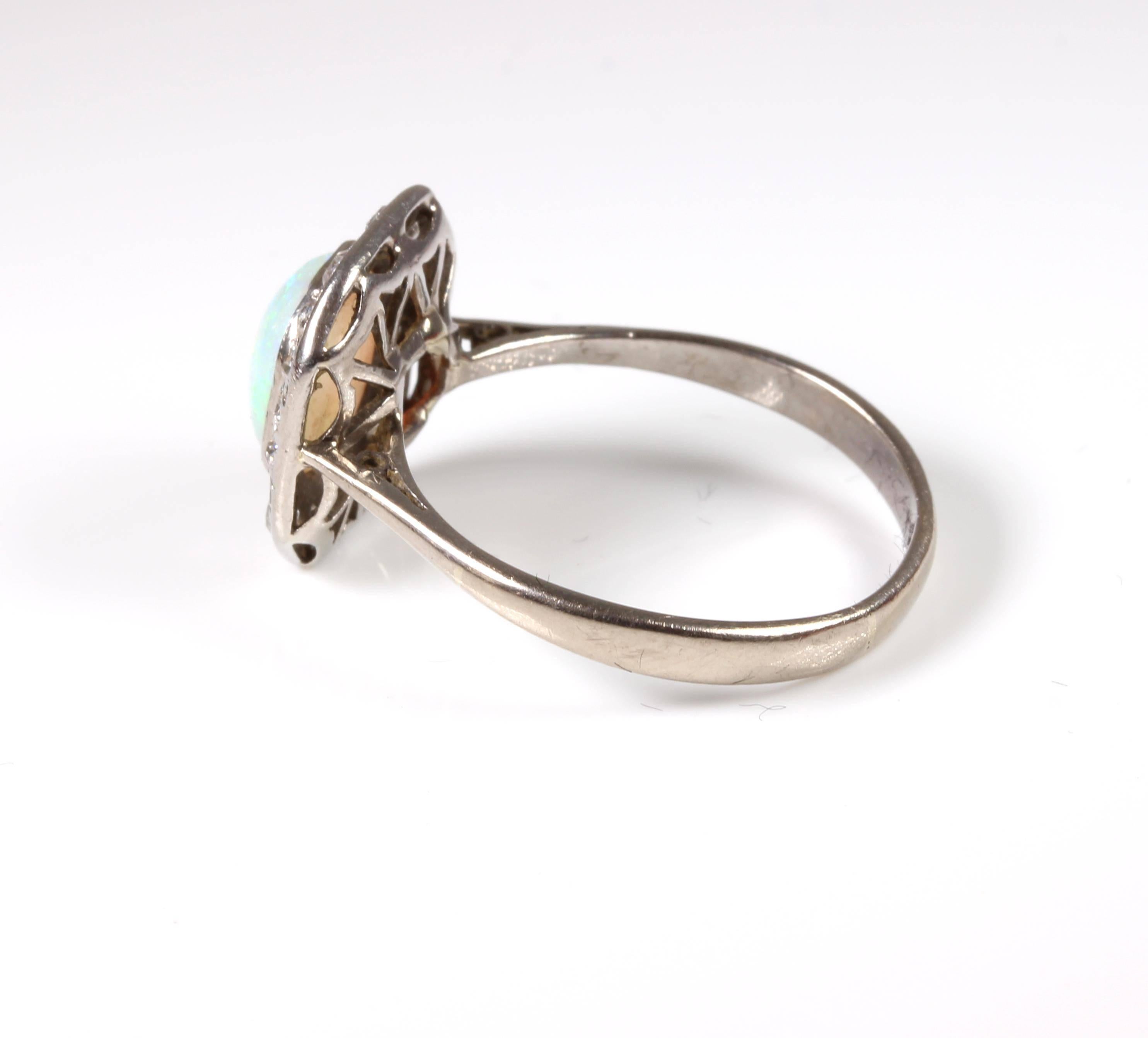 Women's or Men's 18 Carat White Gold Art Deco Opal Diamond Halo Dress Ring For Sale