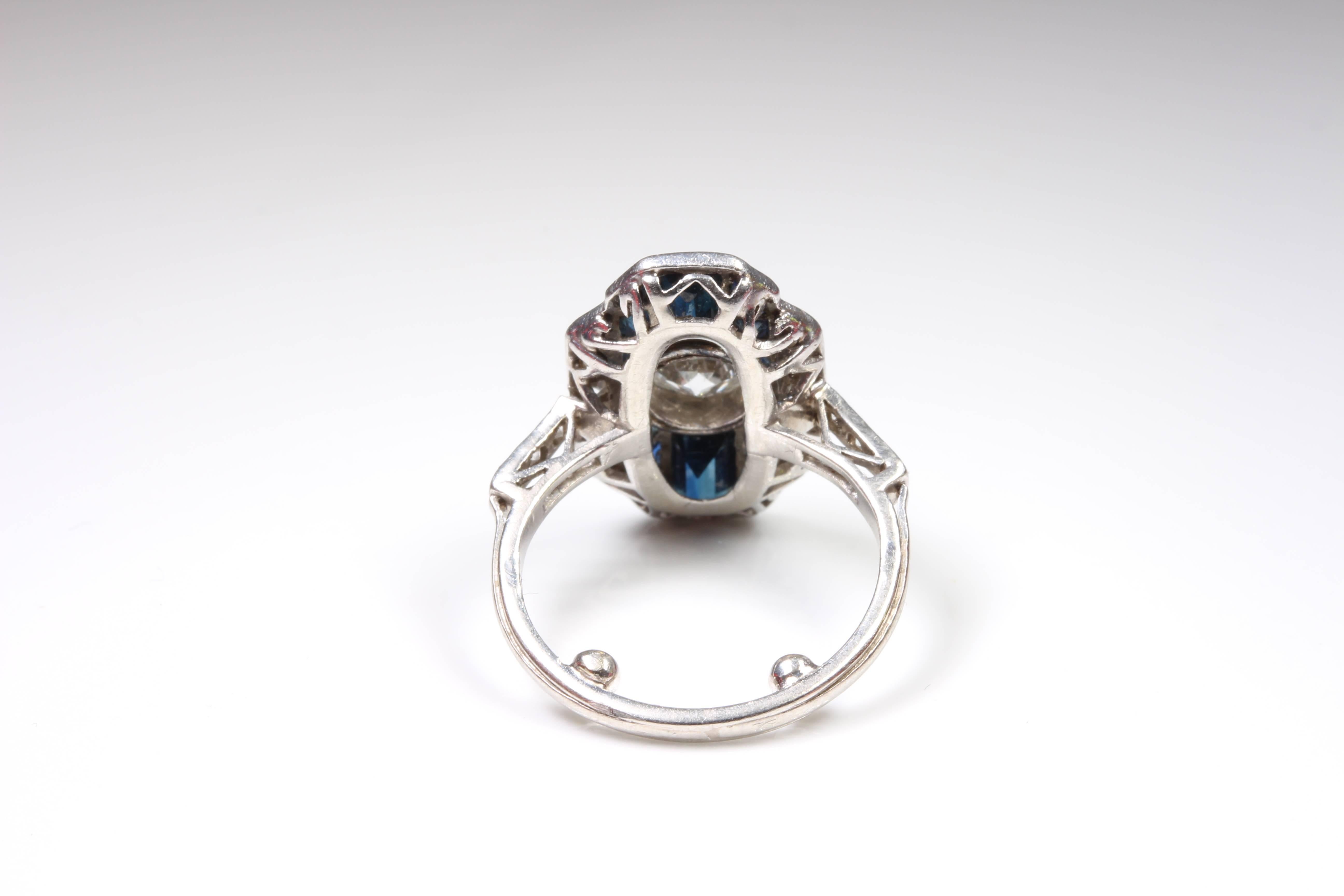 Women's or Men's Original Art Deco Platinum Sapphire Diamond Dress Ring For Sale