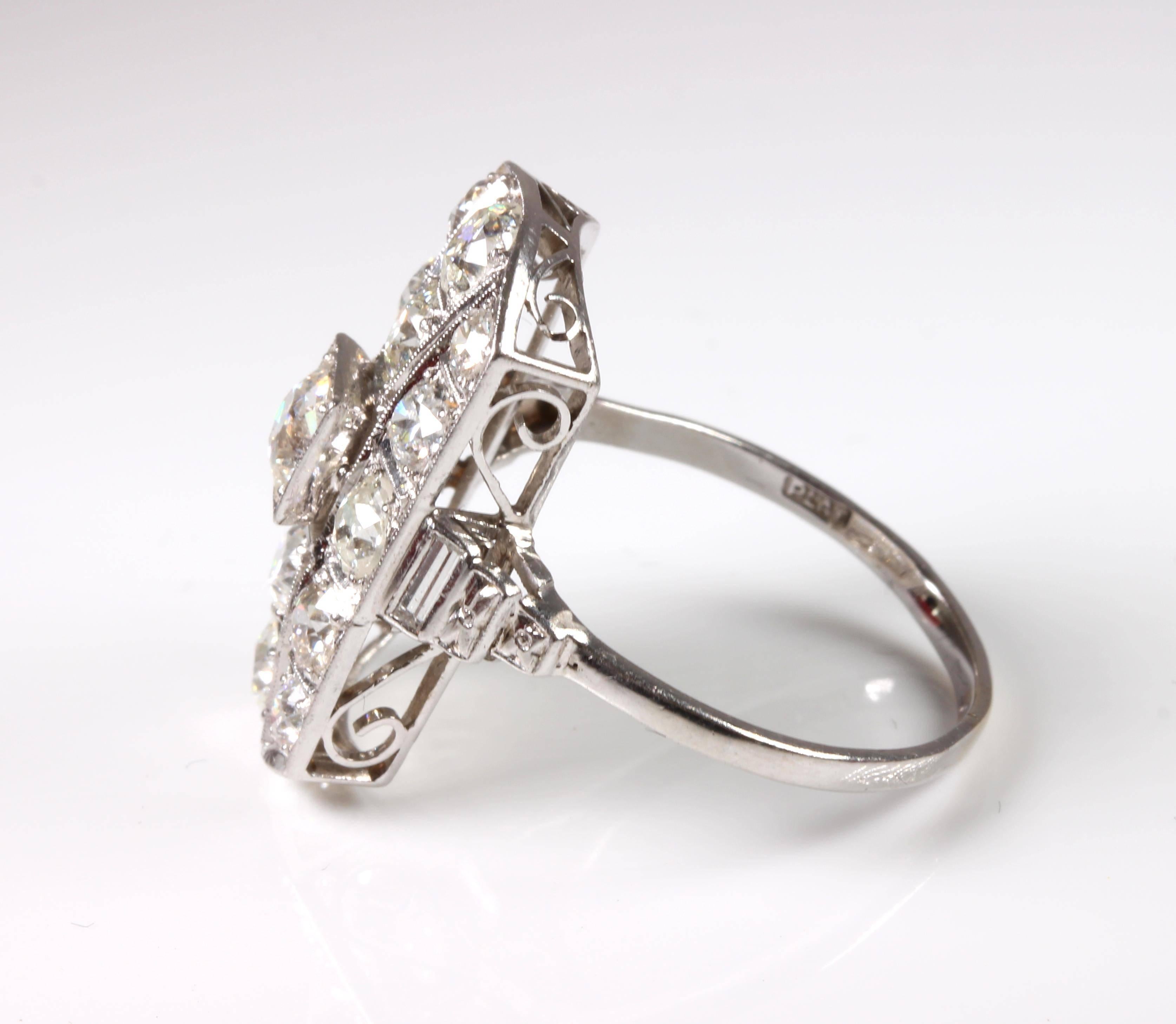 Baguette Cut Original Art Deco Platinum Diamond Dress Ring 2.98 Carat For Sale
