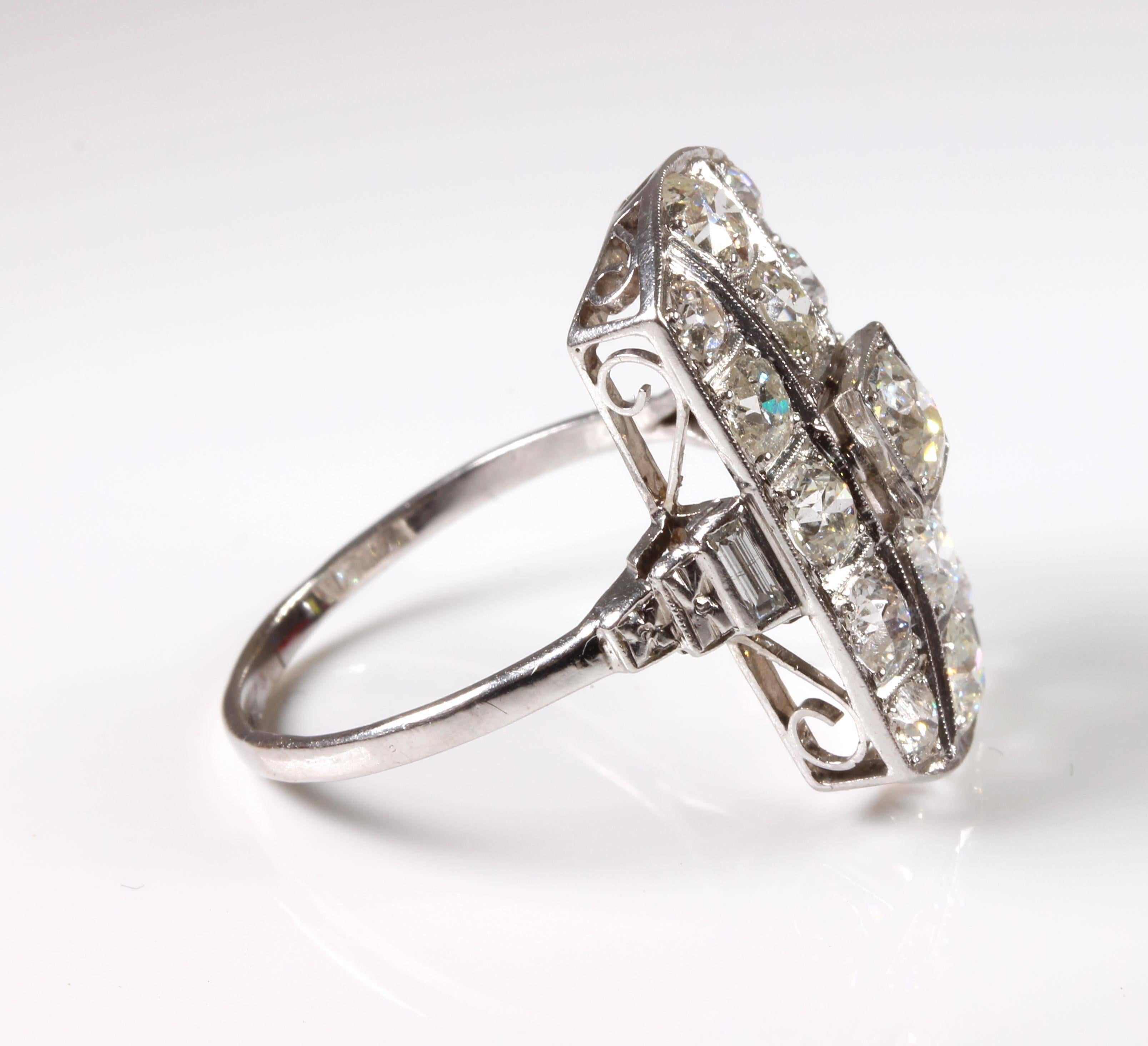Women's or Men's Original Art Deco Platinum Diamond Dress Ring 2.98 Carat For Sale