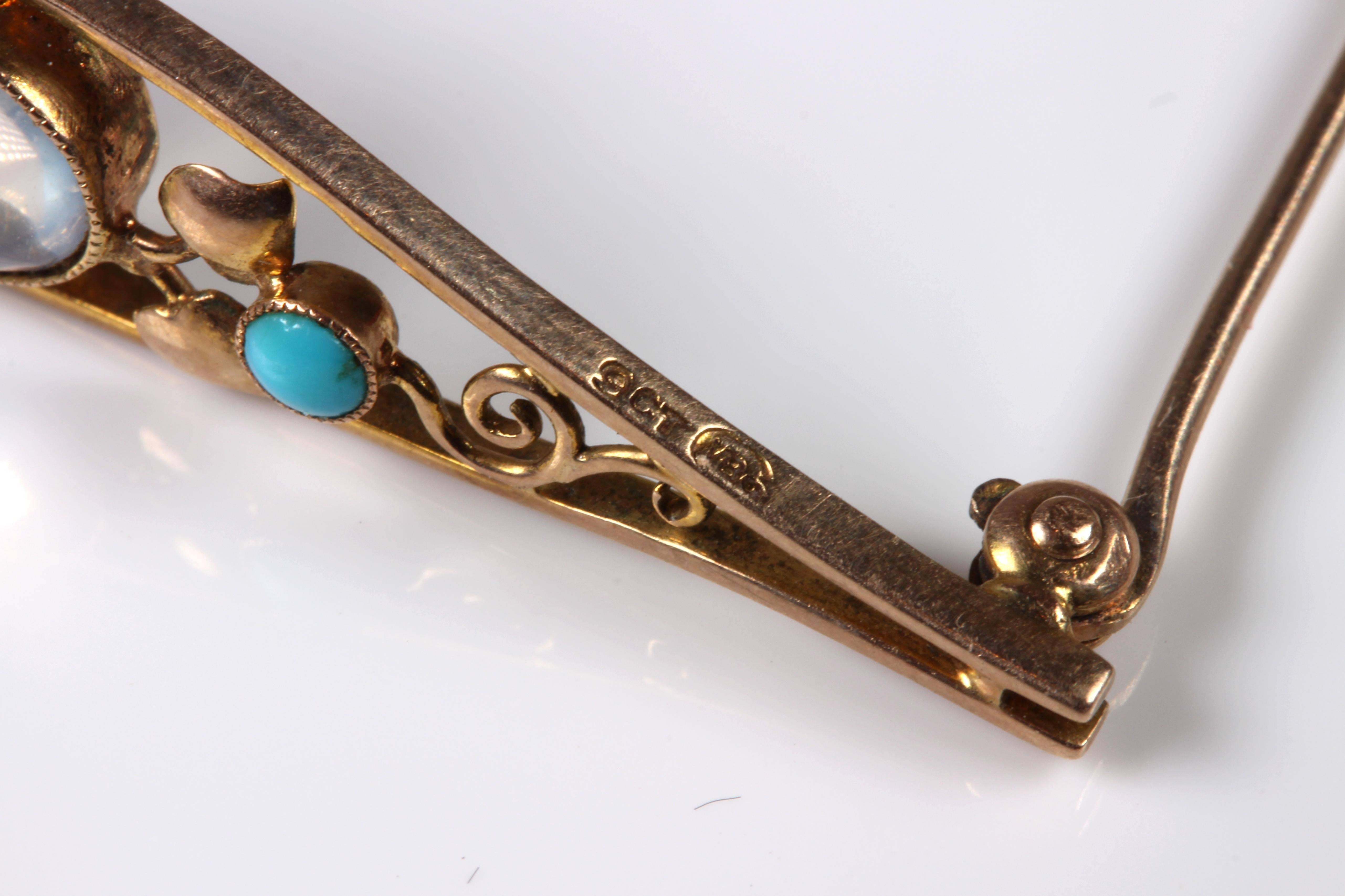 Art Nouveau Murrle, Bennett and Co Gold Moonstone Turquoise Pin For Sale