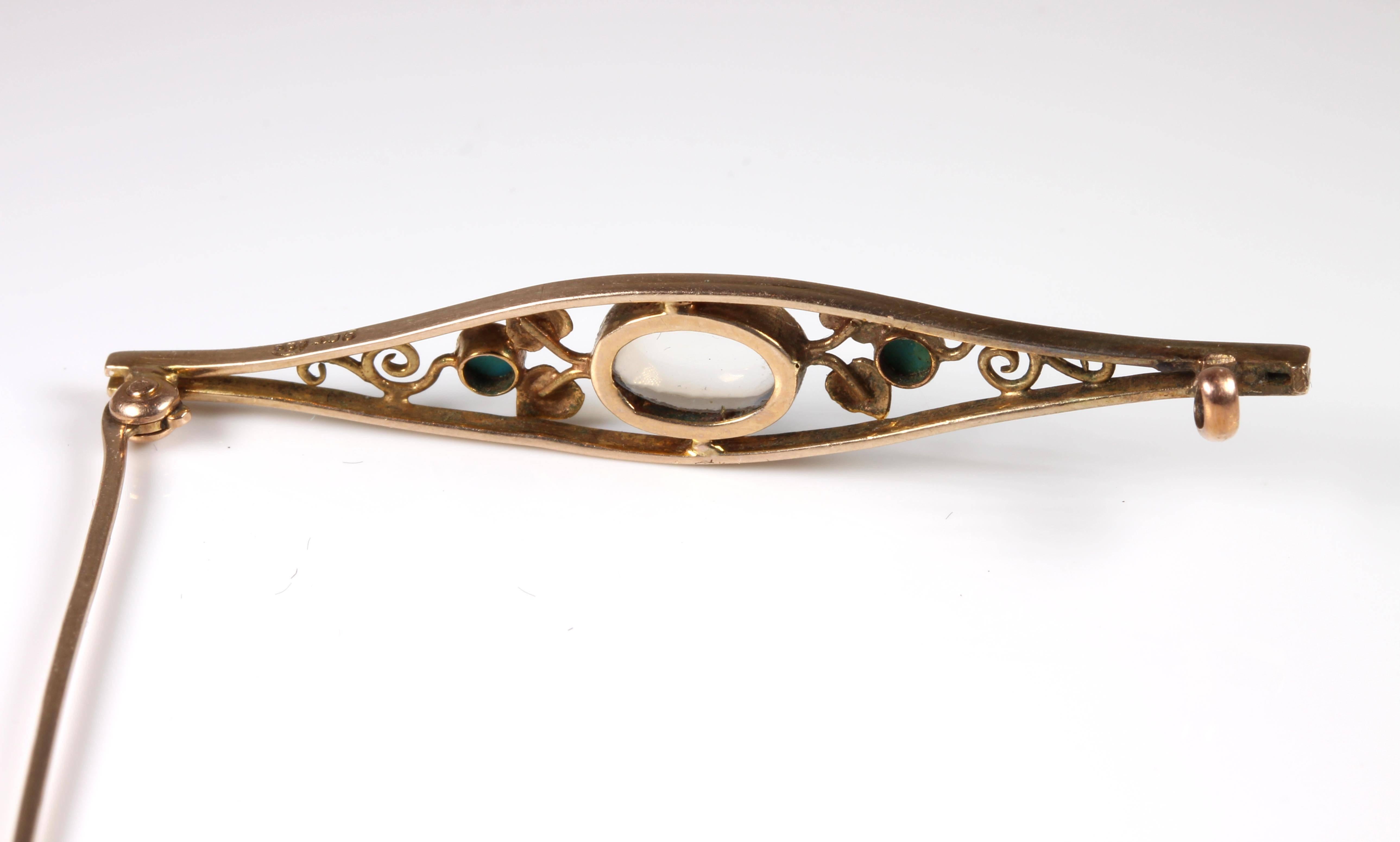 Murrle, Bennett and Co Gold Moonstone Turquoise Pin In Excellent Condition For Sale In Perth, AU