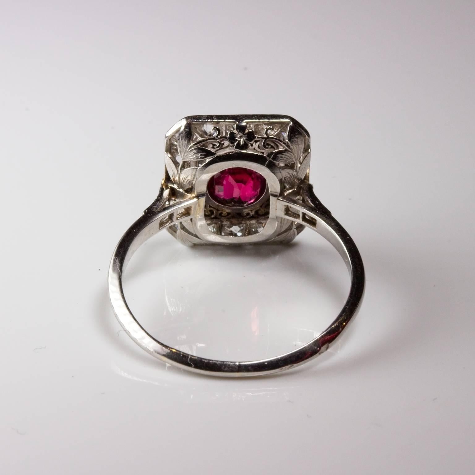 Women's Art Deco French Ruby Diamond Platinum Ring For Sale
