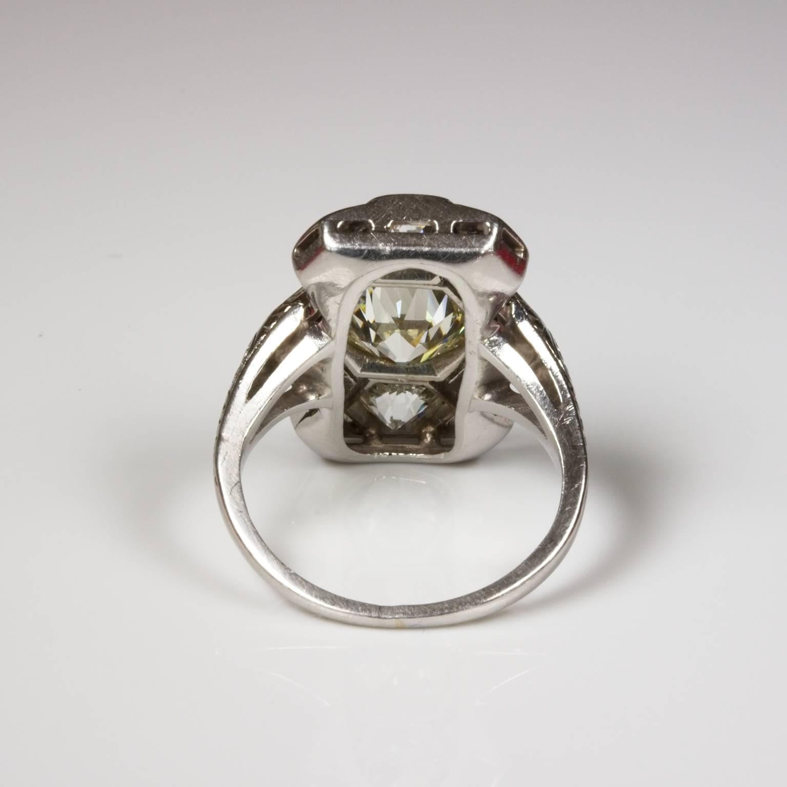Old European Cut Art Deco Platinum Hexagon 3.01 Carat Diamond Ring For Sale