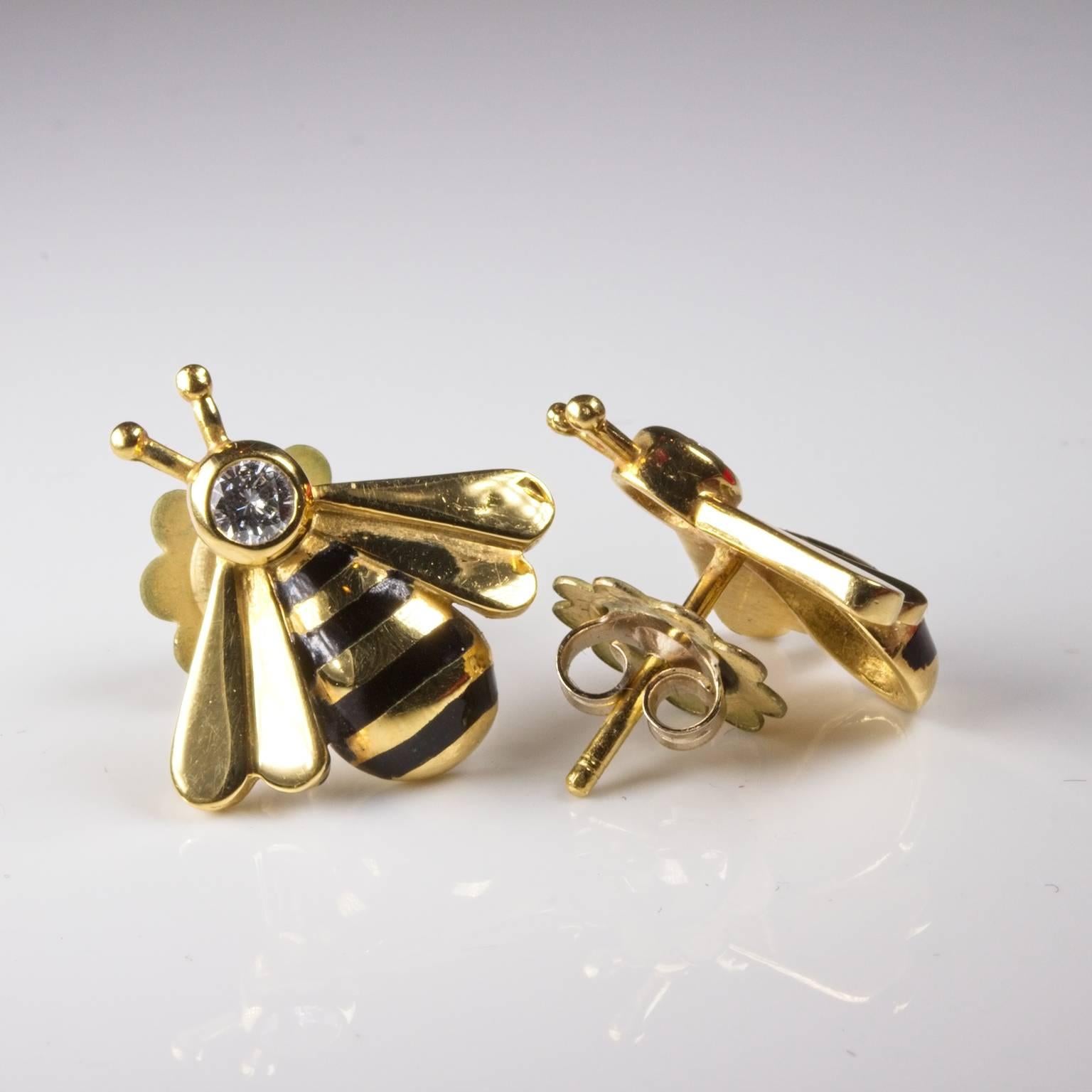 Retro Gold Enamel and Diamond Bee Shaped Stud Earrings For Sale
