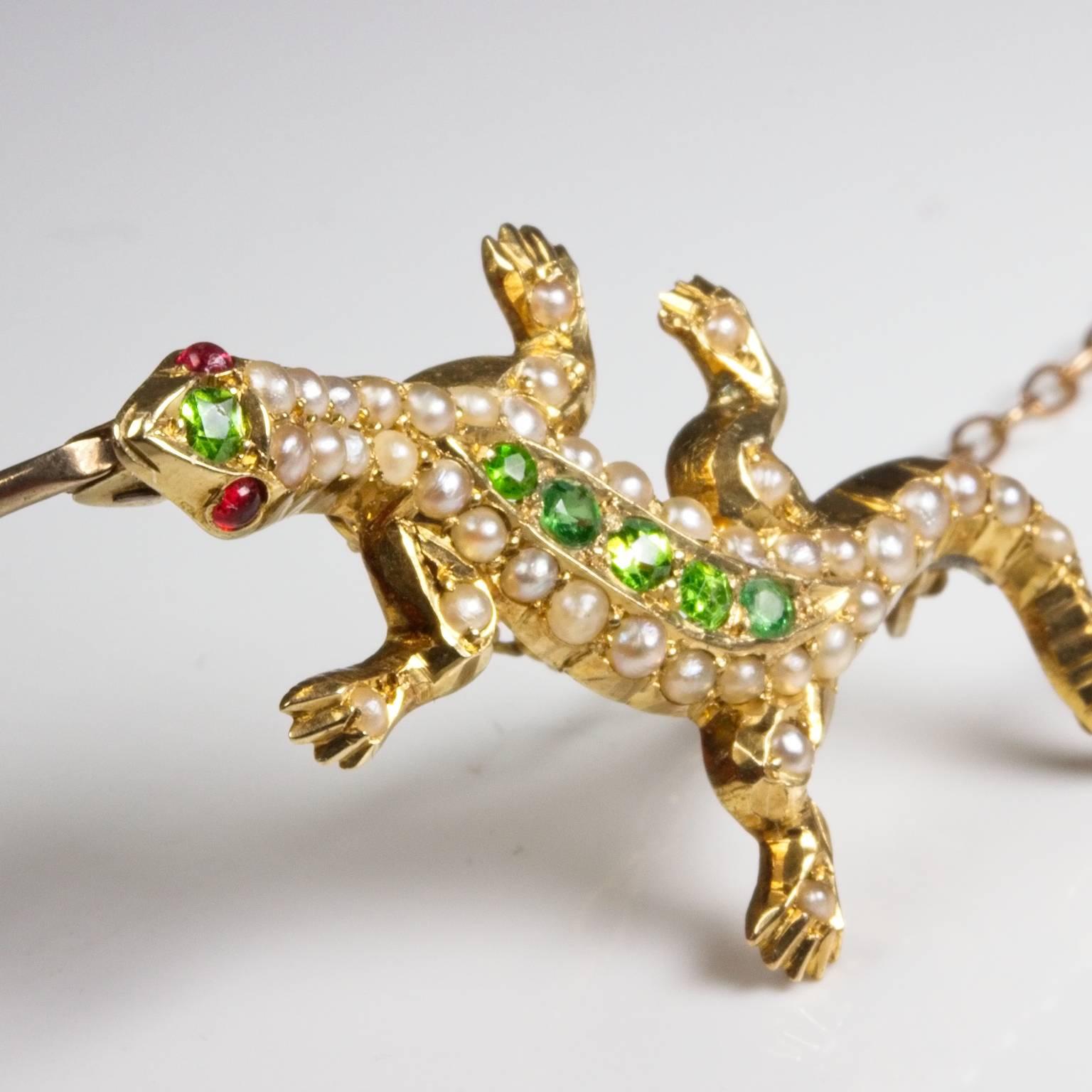 Beautiful lizard brooch by Duggin, Shapere and Co. They were active in Melbourne from 1896-1928. Ruby eyes and seed pearls with demantoid garnets all in 15ct gold. With safety chain. 4cm long. Nicely marked with their anchor. This item is unique and
