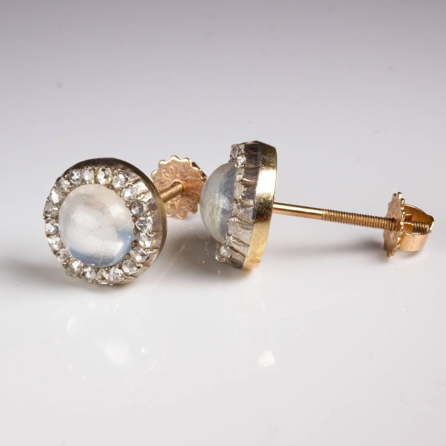 Late Victorian Moonstone Diamond Antique Daisy Cluster Stud Earrings For Sale