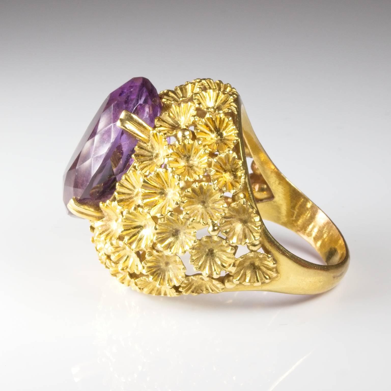Retro French Amethyst Floral Glamour Cocktail Ring For Sale