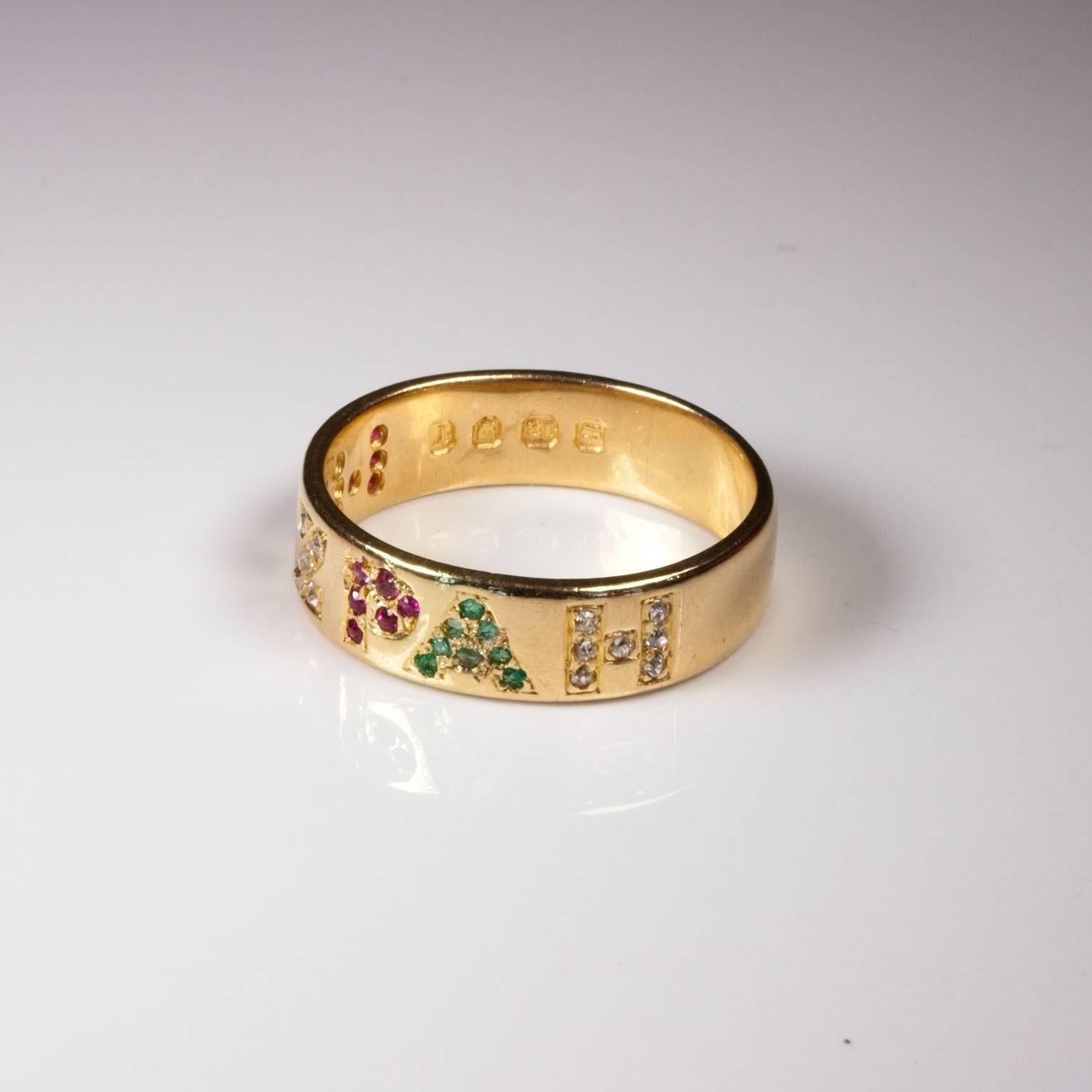 Fabulous and rare, this Mizpah 18ct gold ring is hallmarked for London 1872 and set with rubies, emeralds and diamonds. This sentiment, roughly translated as: May the Lord protect thee and me when we are separated one from the other, was often