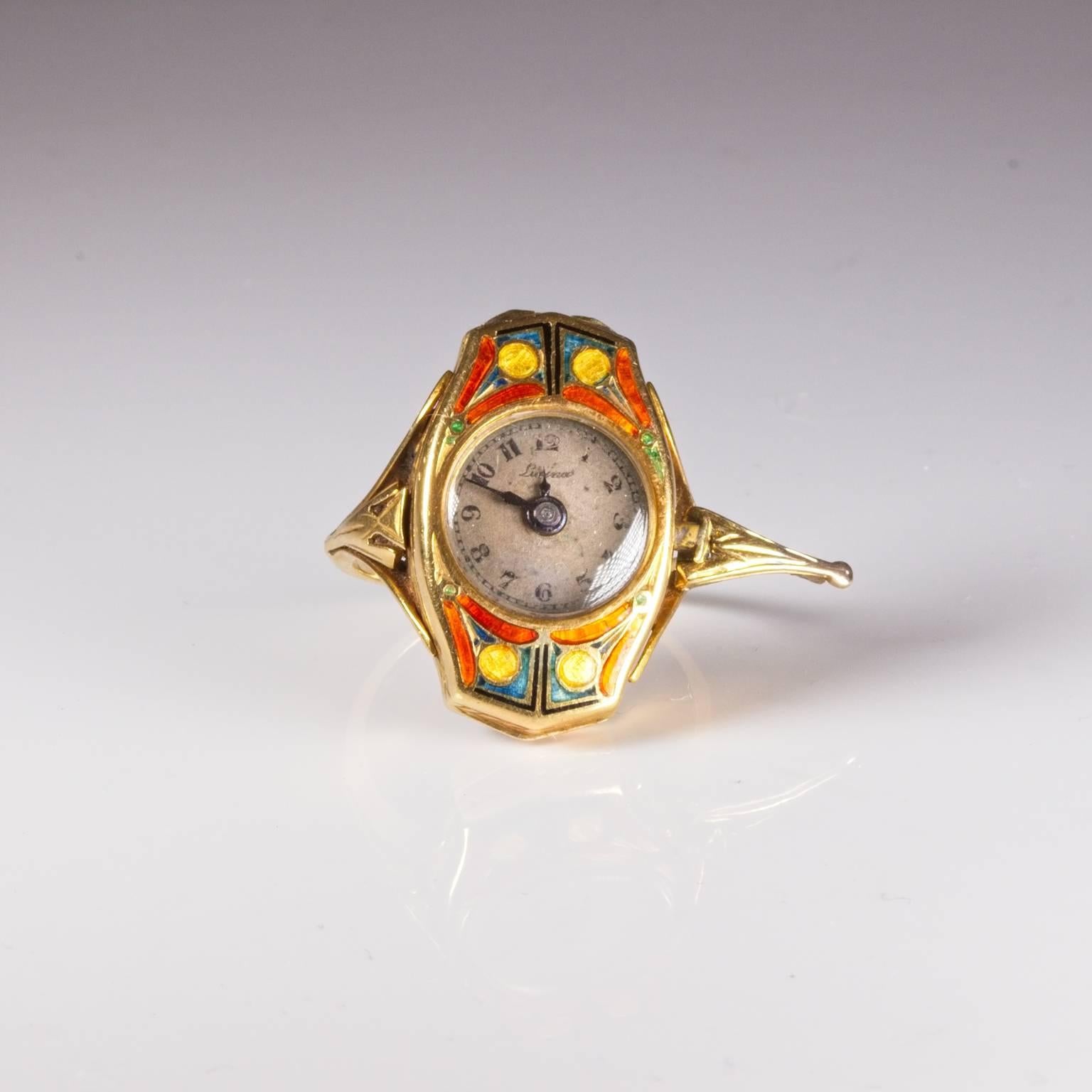 Art Deco Gold Enamel Lusina Watch Ring In New Condition In Perth, AU