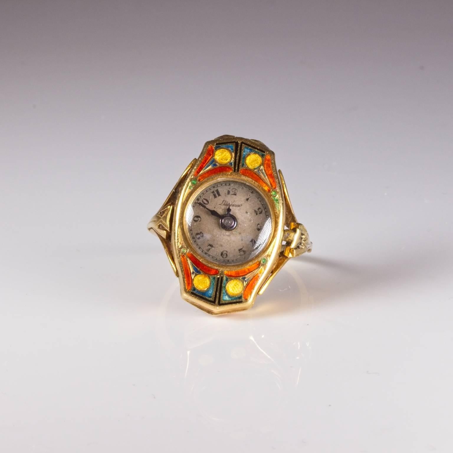Women's Art Deco Gold Enamel Lusina Watch Ring