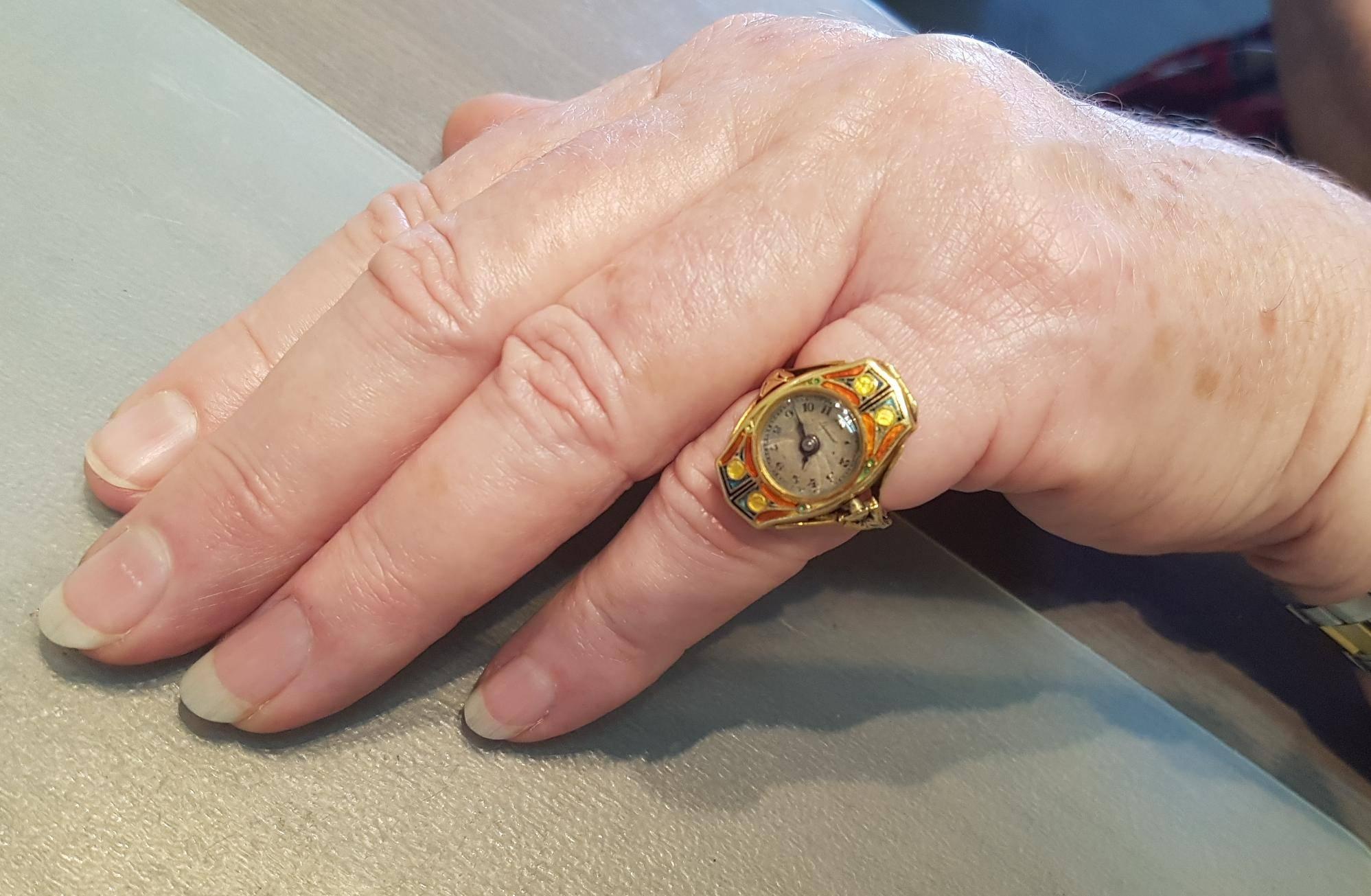 Art Deco Gold Enamel Lusina Watch Ring 1