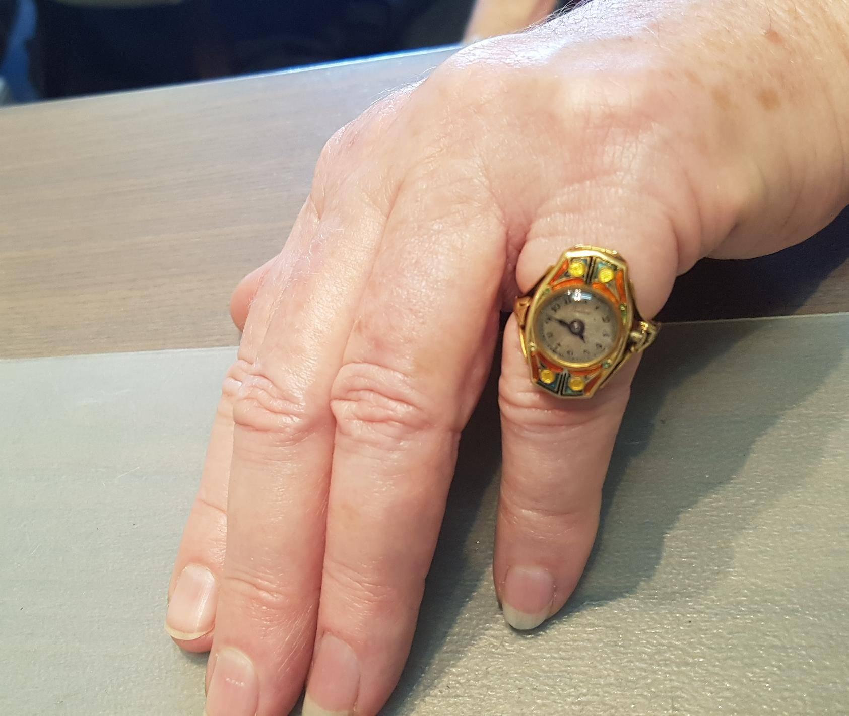 Art Deco Gold Enamel Lusina Watch Ring 2