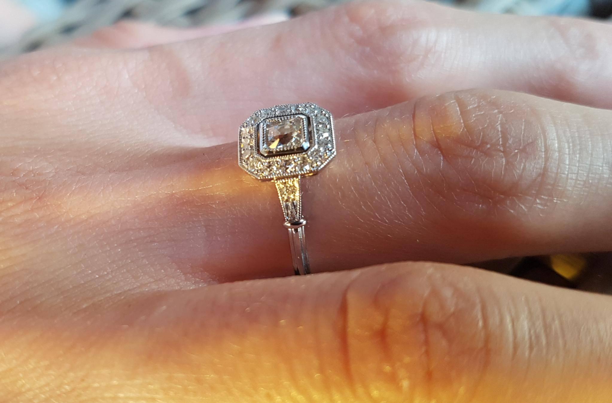 Art Deco Octagon Diamond Platinum Halo Engagement Ring For Sale