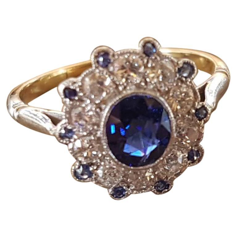 18 Carat Gold Art Deco Sapphire Diamond Cluster Engagement Ring For Sale