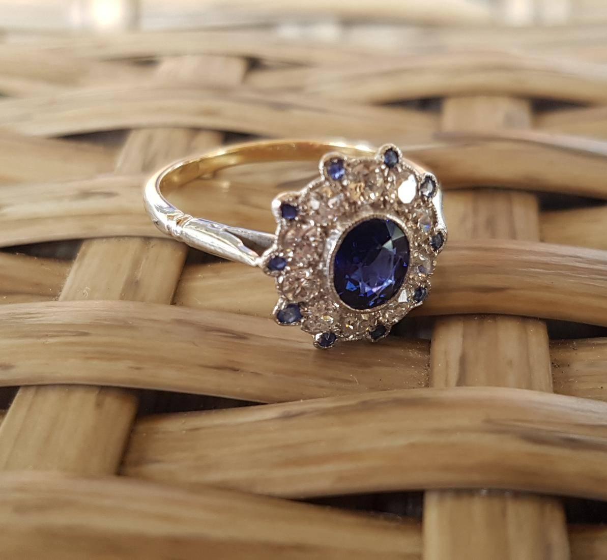 Oval Cut 18 Carat Gold Art Deco Sapphire Diamond Cluster Engagement Ring For Sale