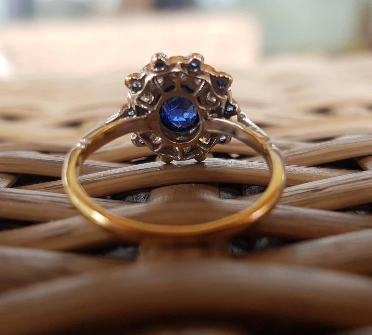 Women's 18 Carat Gold Art Deco Sapphire Diamond Cluster Engagement Ring For Sale