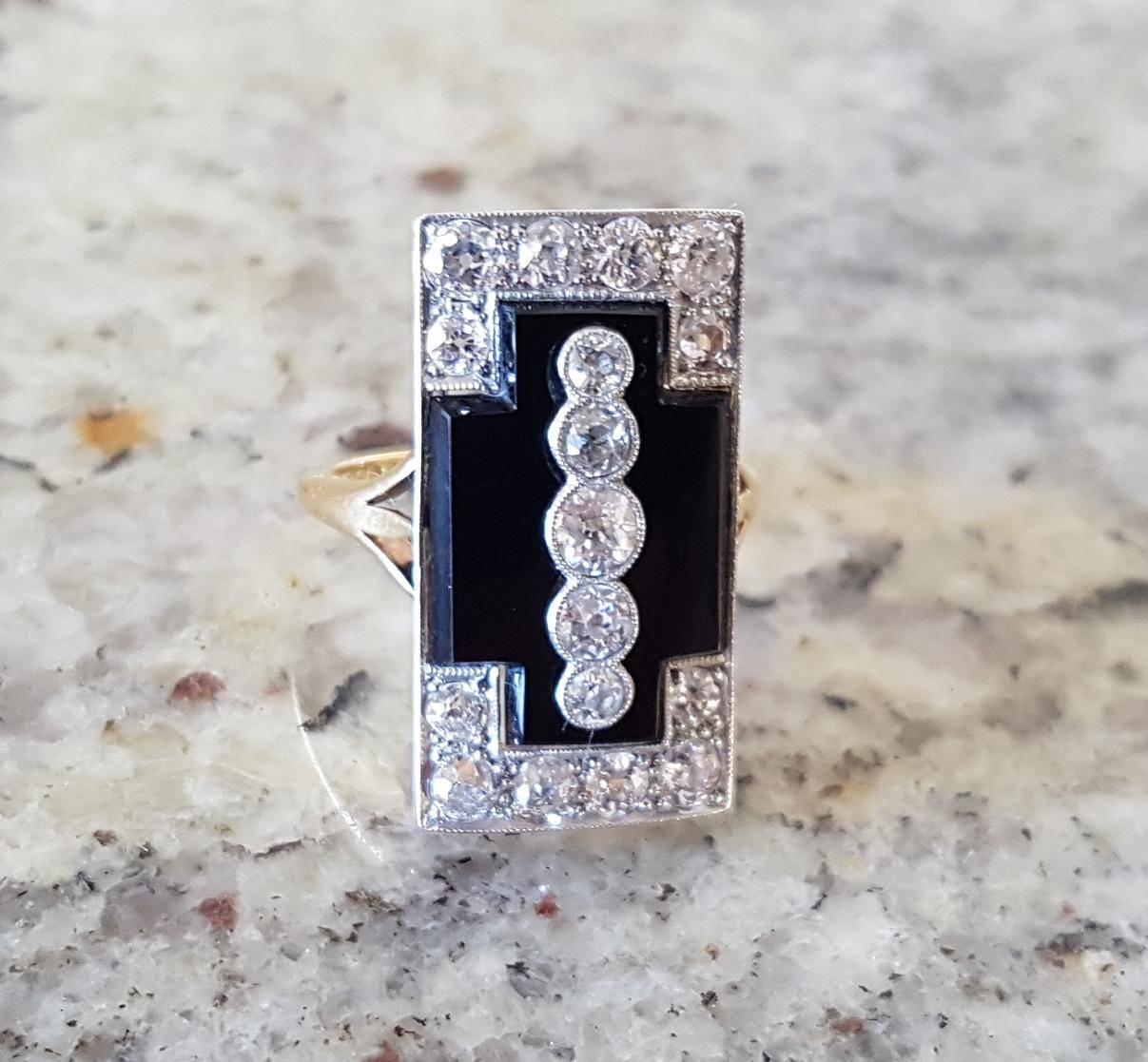Old European Cut Art Deco Onyx Diamond 1.32 Carat Gatsby Platinum Ring, circa 1920 For Sale