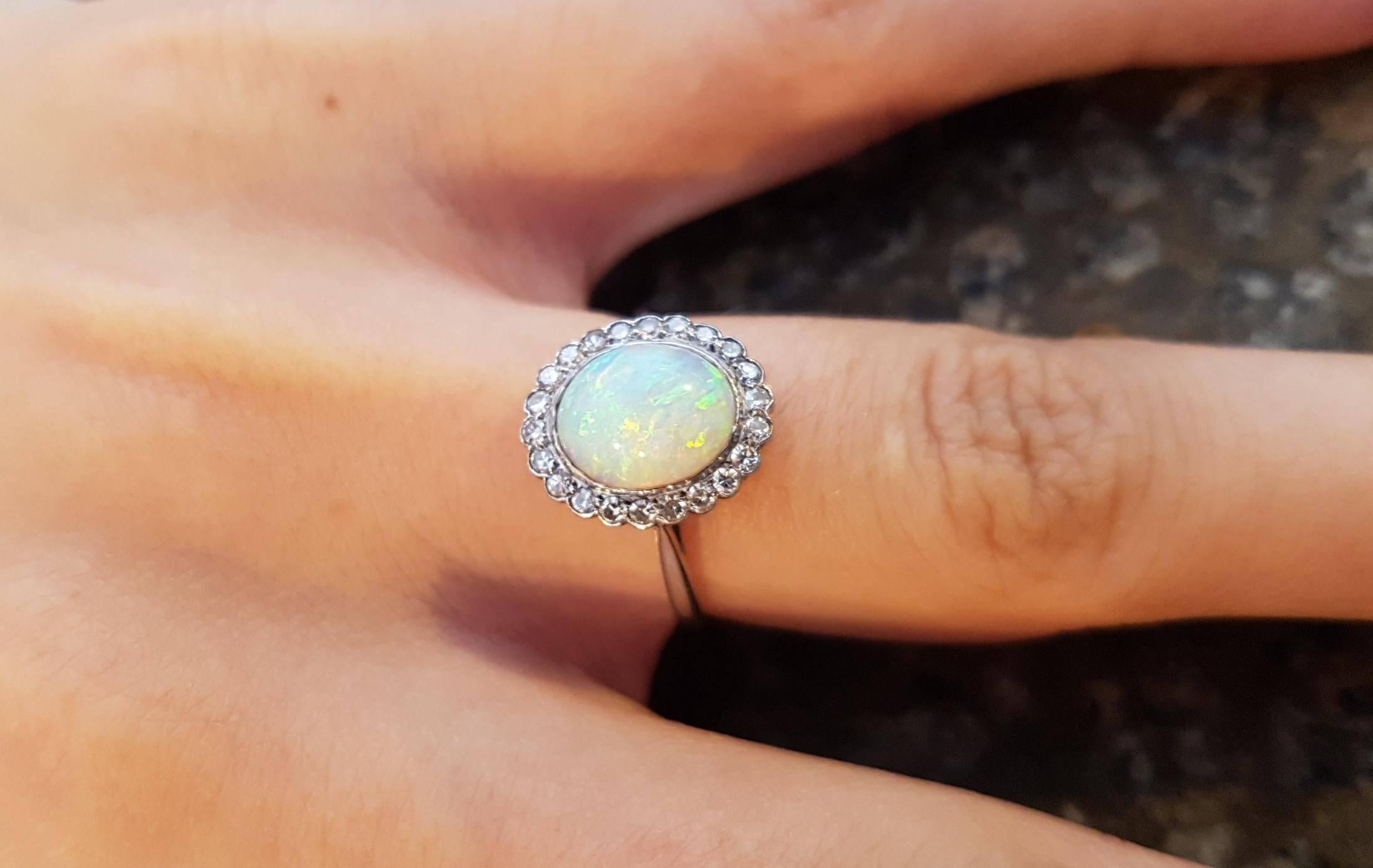Women's Edwardian Opal Diamond Cluster Platinum Ring For Sale