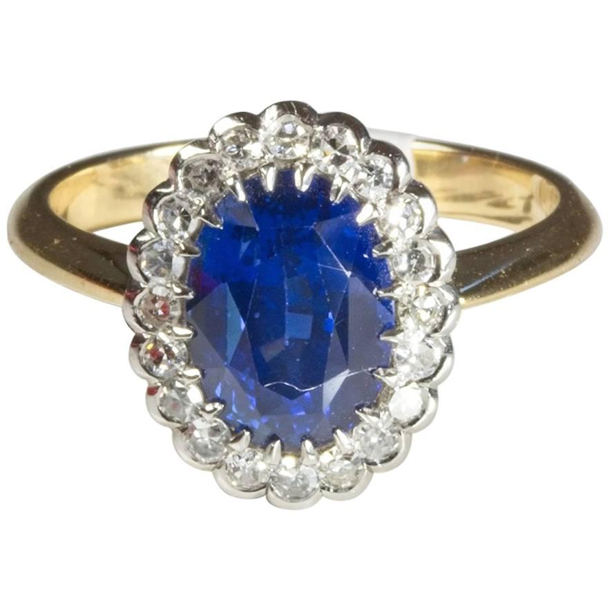 Sapphire Diamond Oval Cluster Engagement Ring For Sale