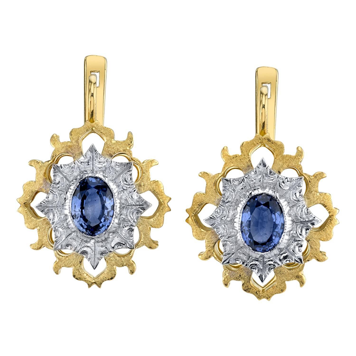 2.16 Carat Blue Sapphire 18k Yellow and White Gold Lever Back Earrings